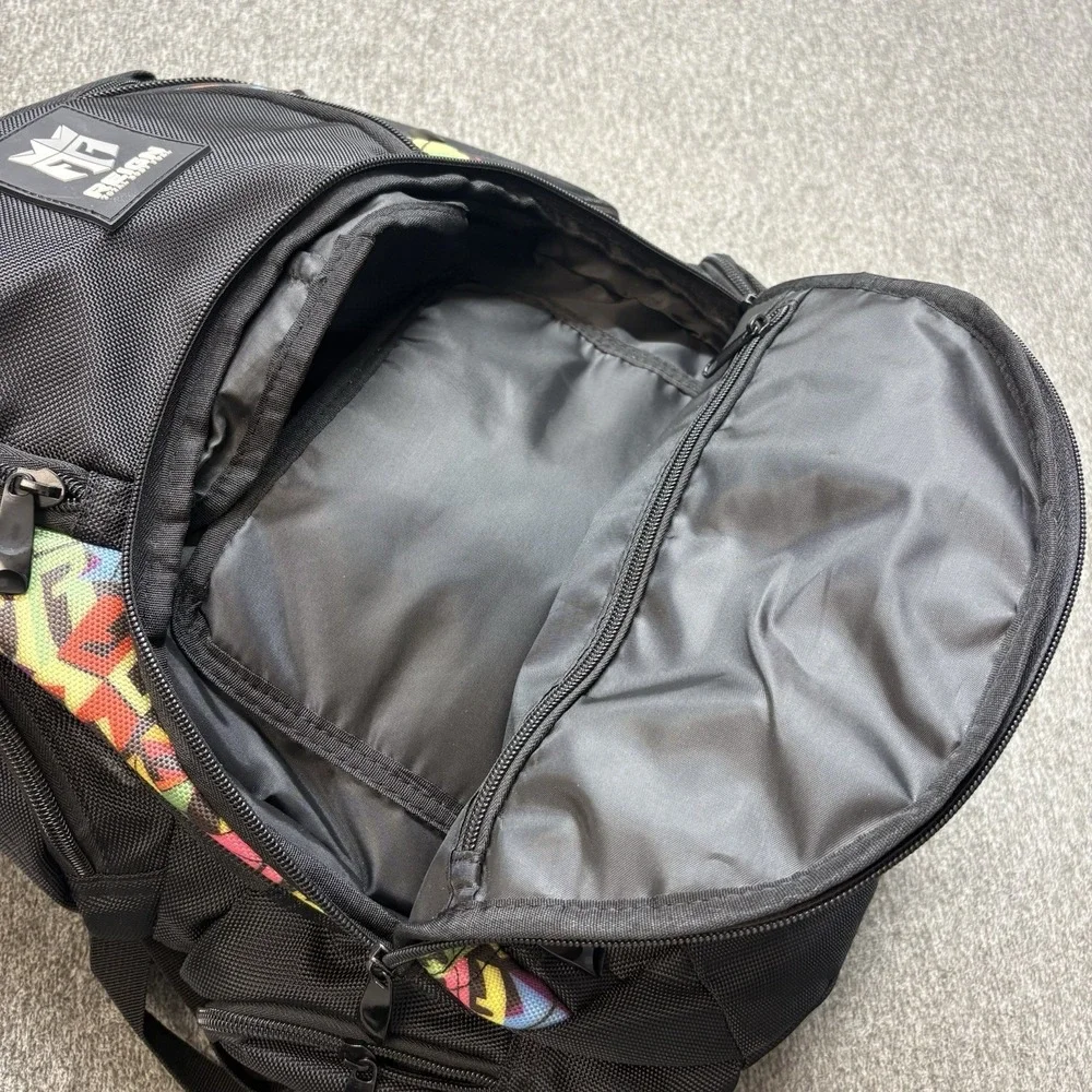 REIGN Total Body Fuel Backpack Black w/ Colorful Graffiti Accents‎ Multi Pocket